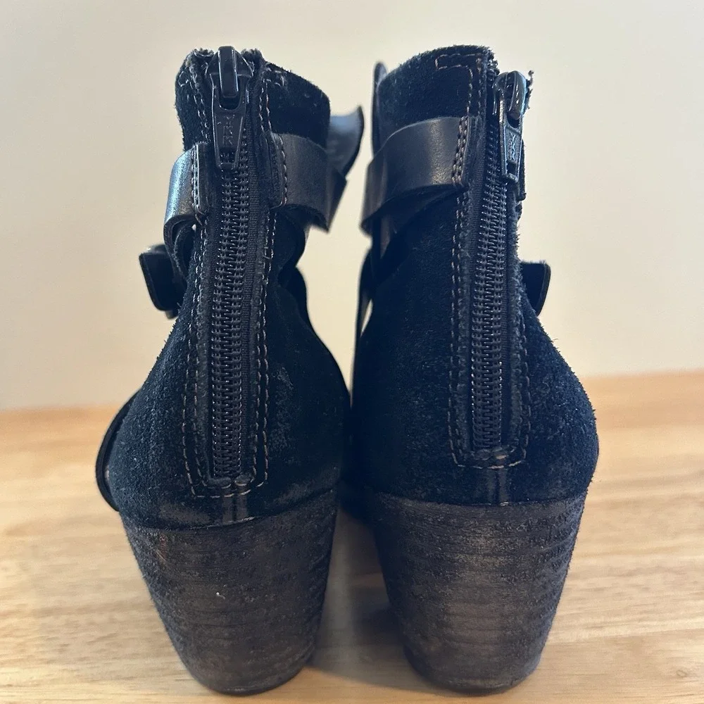 Women Korks Black Leather Suede Buckle Strap Ankle Heeled Boots Booties 8.5‎